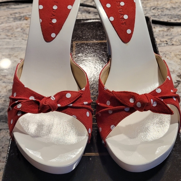 Colin Stuart Red/White Polka Dot Suede Slides - Picture 2 of 8